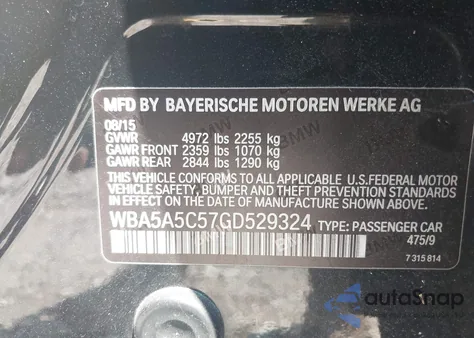 2016 BMW 528I from USA, damaged, VIN WBA5A5C57GD529324